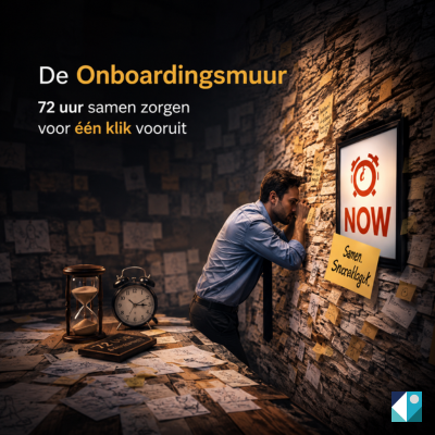 Illustratie van de onboardingsmuur: een medewerker die vastloopt in administratieve processen bij incidentele inkoop